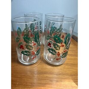 Lot of 6 VTG MCM Christmas Holly Berry Drinking Glass Tumblers 5" HIGHBALL‎